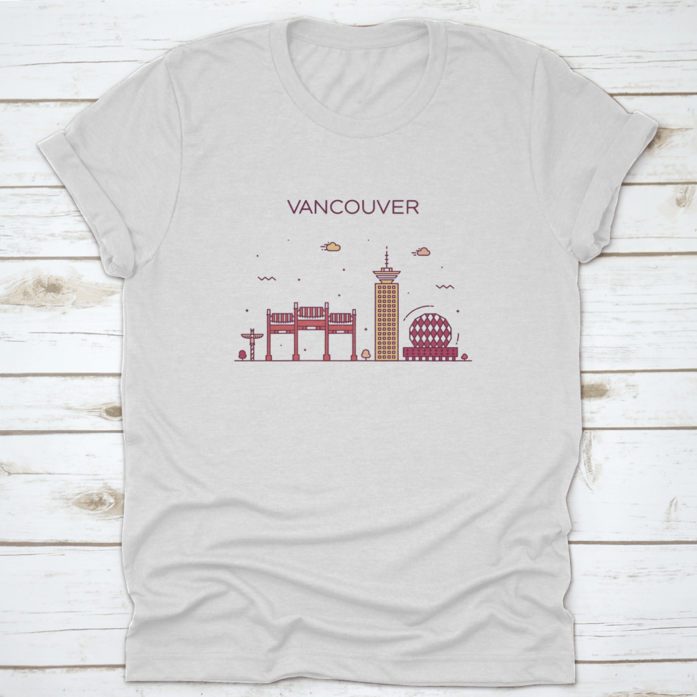 A stylish t-shirt featuring the Vancouver City Skyline in a trendy linear design, made from 100% cotton.