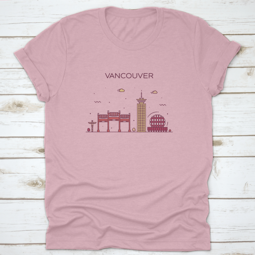 A stylish t-shirt featuring the Vancouver City Skyline in a trendy linear design, made from 100% cotton.