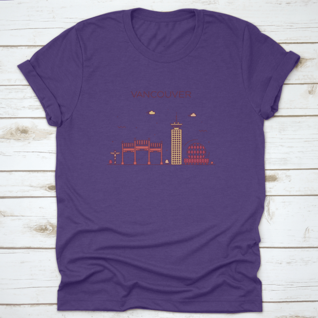 A stylish t-shirt featuring the Vancouver City Skyline in a trendy linear design, made from 100% cotton.