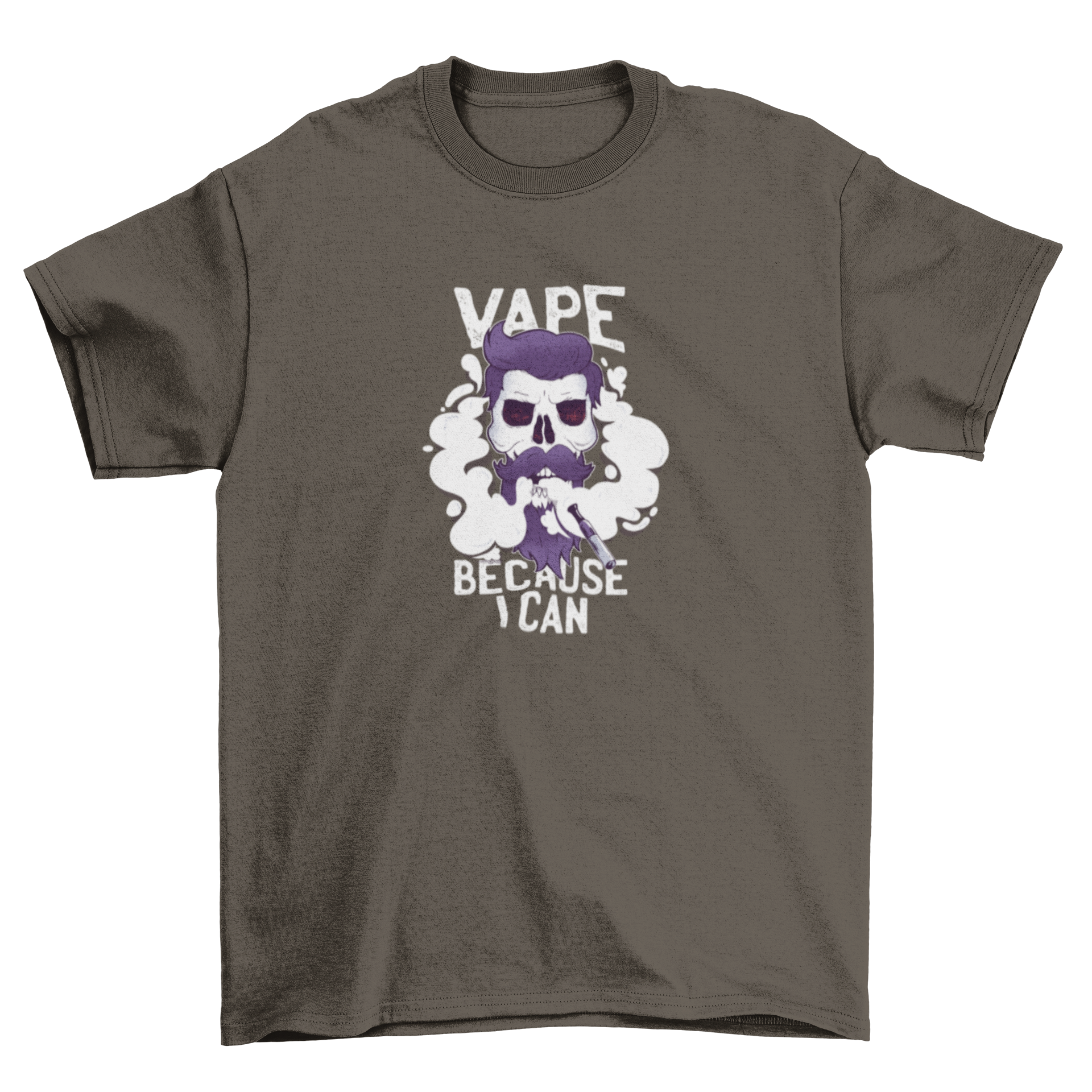 Vape Skull T-shirt featuring a skull with hair and beard vaping, surrounded by a cloud of vapor.