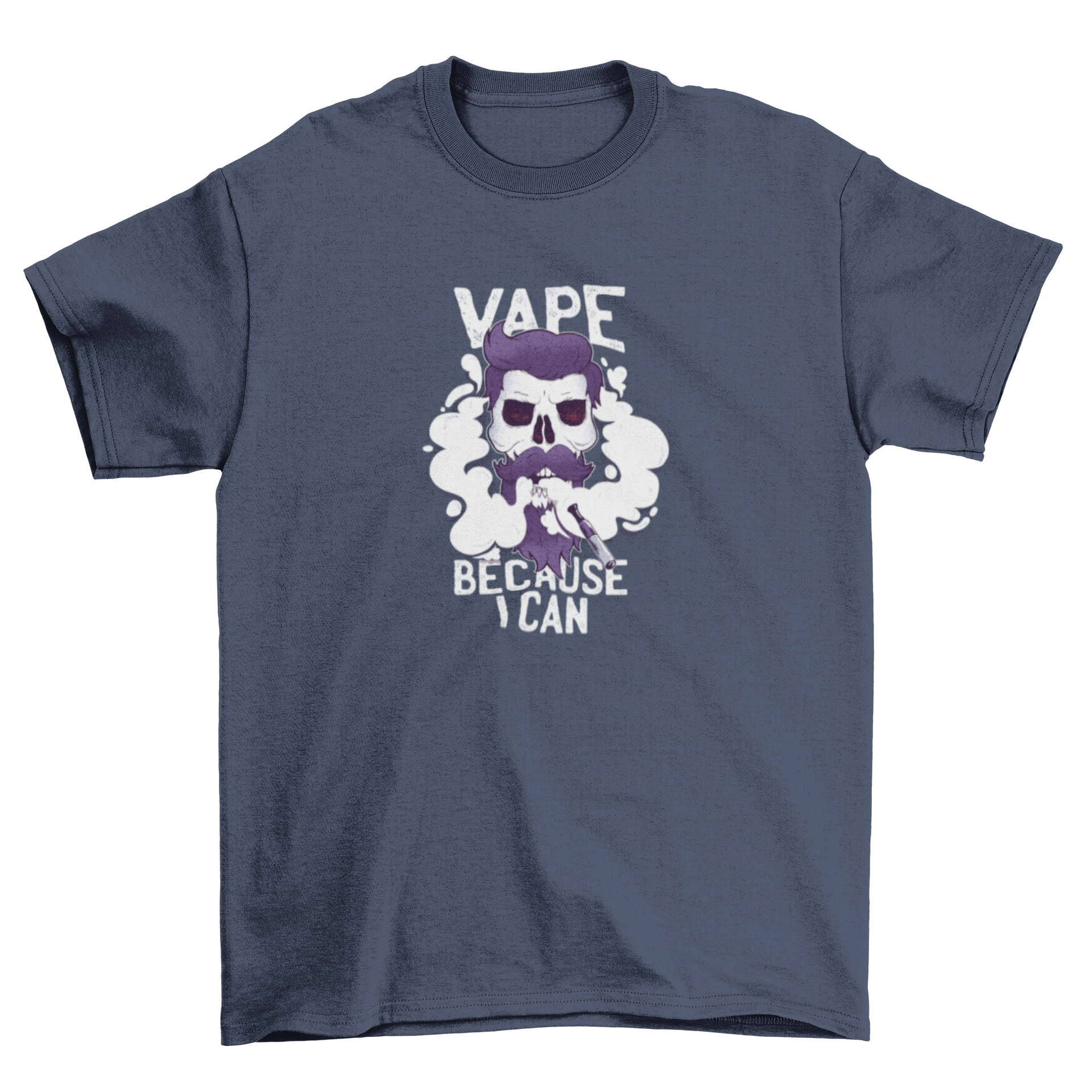 Vape Skull T-shirt featuring a skull with hair and beard vaping, surrounded by a cloud of vapor.