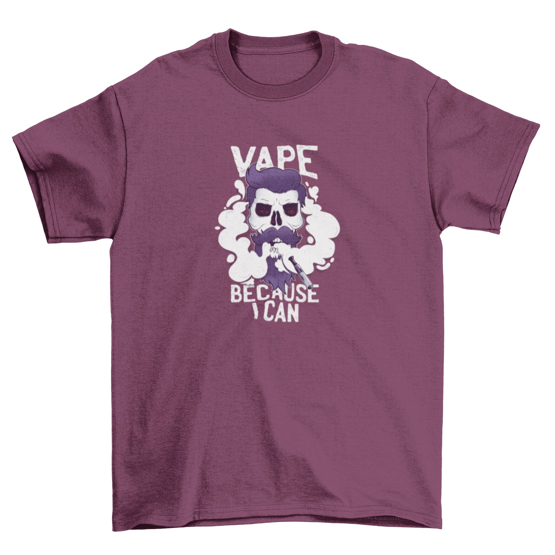 Vape Skull T-shirt featuring a skull with hair and beard vaping, surrounded by a cloud of vapor.