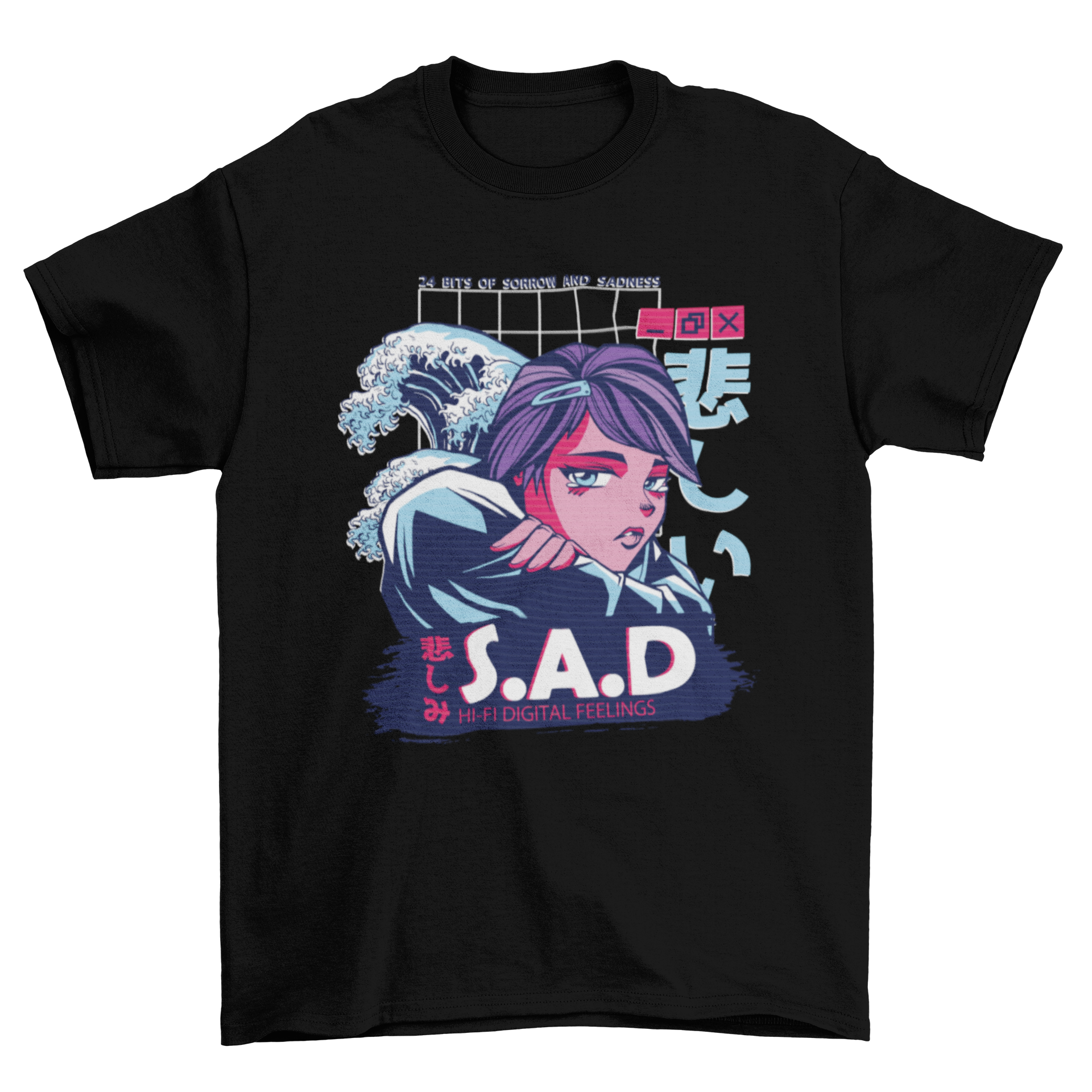 Vaporwave anime girl t-shirt featuring a sad anime girl design in vibrant colors.