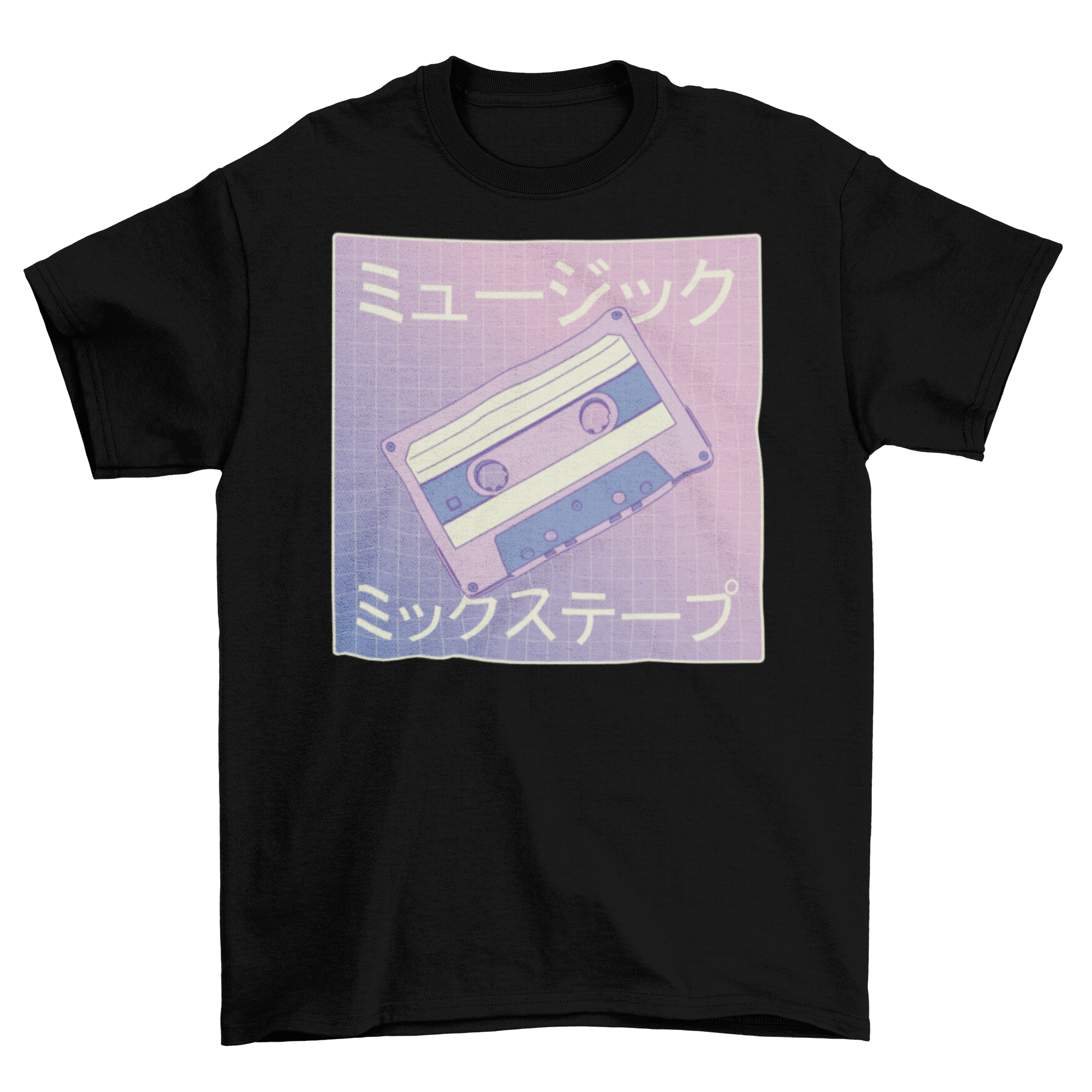 Vaporwave mixtape t-shirt featuring a colorful cassette design with Japanese letters, perfect for retro fashion enthusiasts.
