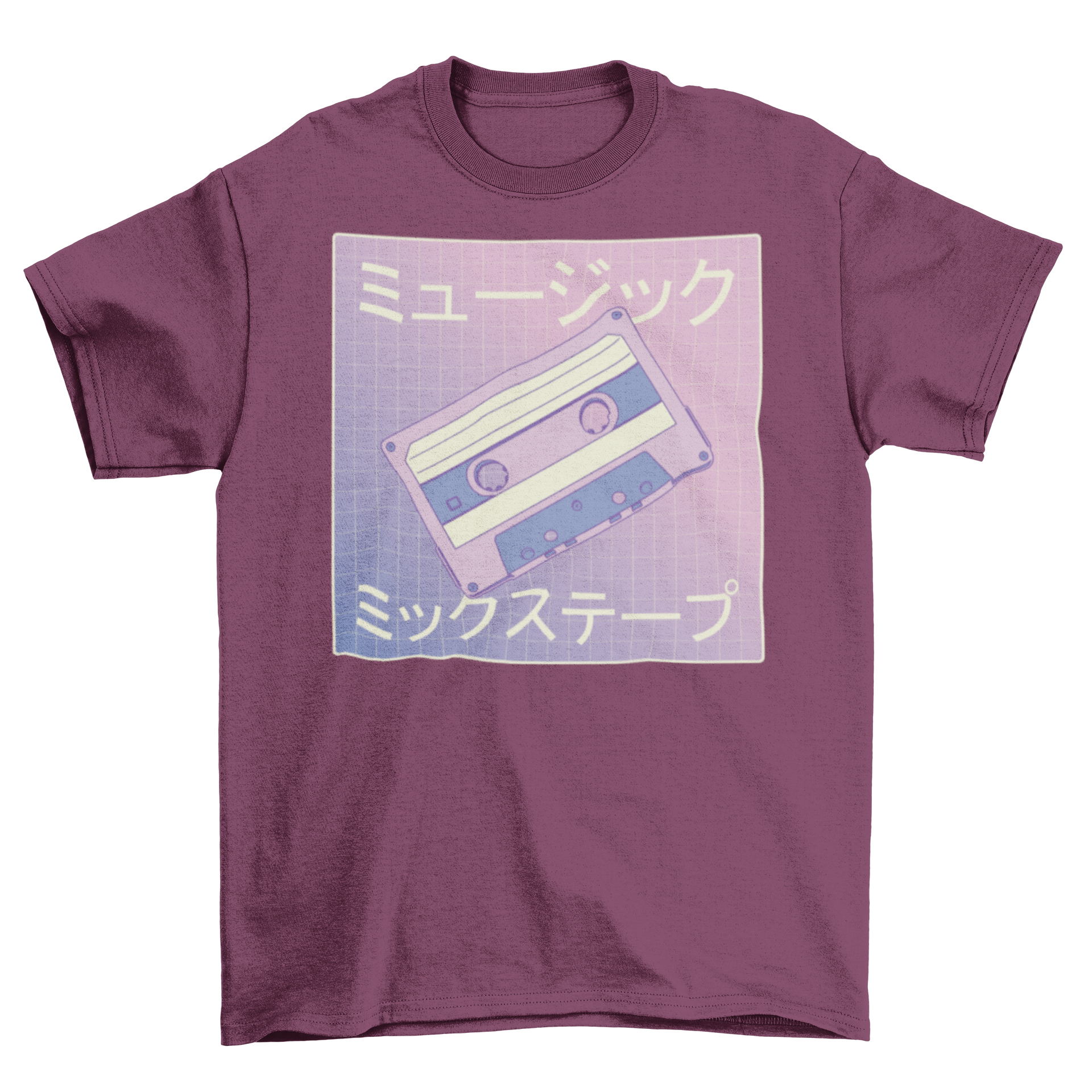 Vaporwave mixtape t-shirt featuring a colorful cassette design with Japanese letters, perfect for retro fashion enthusiasts.