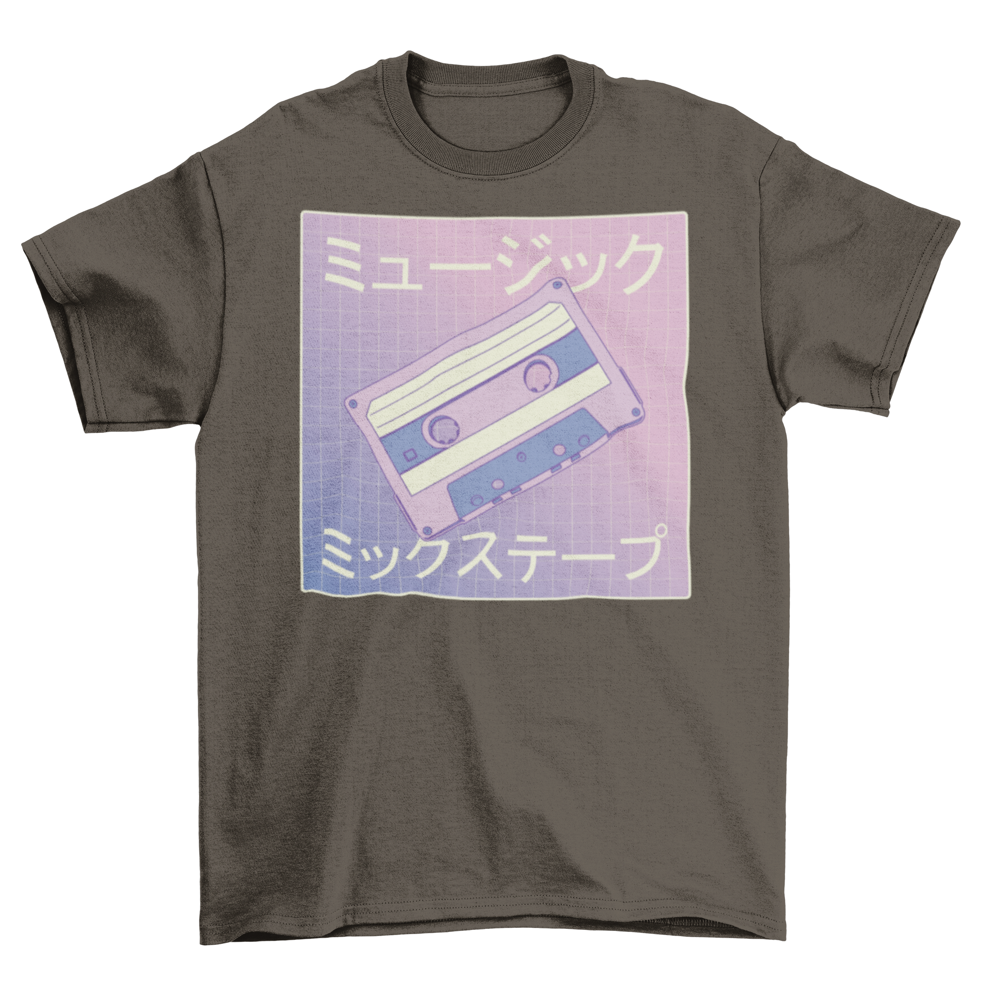 Vaporwave mixtape t-shirt featuring a colorful cassette design with Japanese letters, perfect for retro fashion enthusiasts.