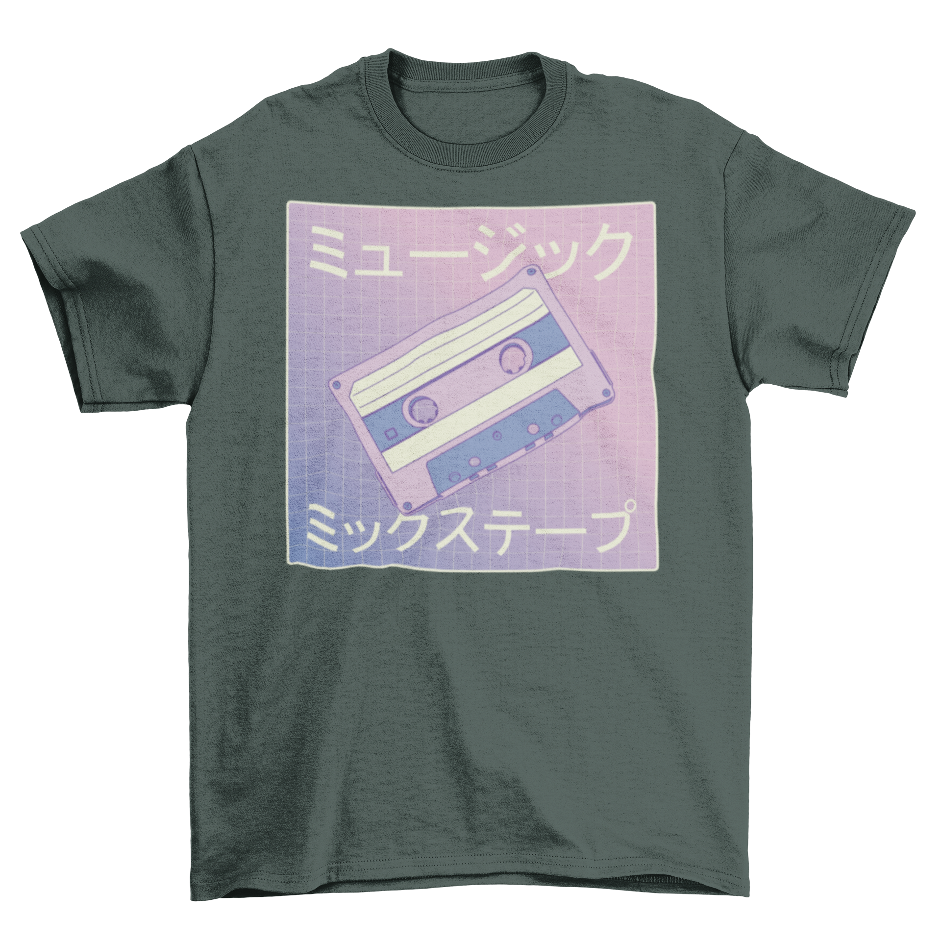 Vaporwave mixtape t-shirt featuring a colorful cassette design with Japanese letters, perfect for retro fashion enthusiasts.