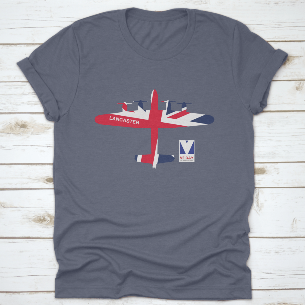 VE Day 75th Anniversary logo featuring Spitfire, Lancaster, Mosquito, and Hurricane aircraft on a cotton t-shirt.