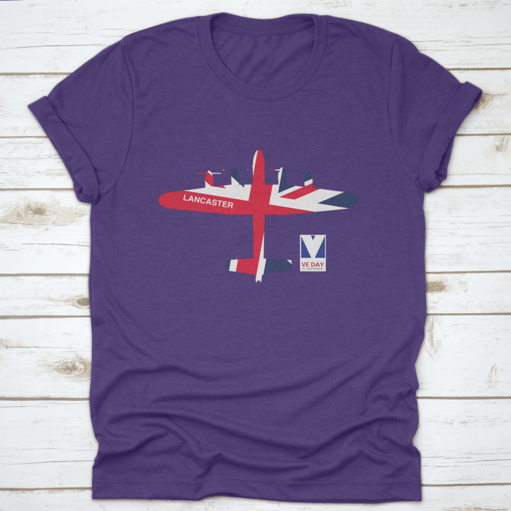 VE Day 75th Anniversary logo featuring Spitfire, Lancaster, Mosquito, and Hurricane aircraft on a cotton t-shirt.