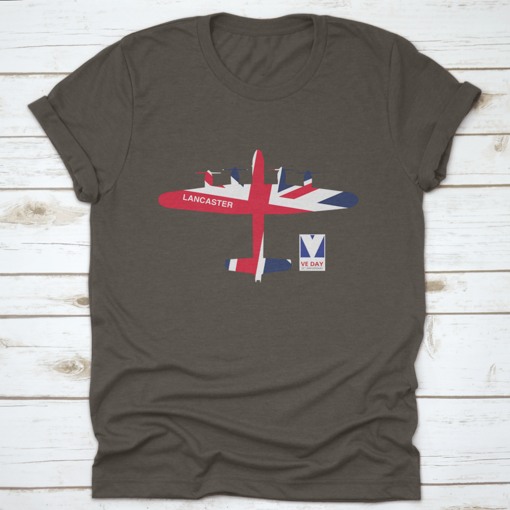 VE Day 75th Anniversary logo featuring Spitfire, Lancaster, Mosquito, and Hurricane aircraft on a cotton t-shirt.