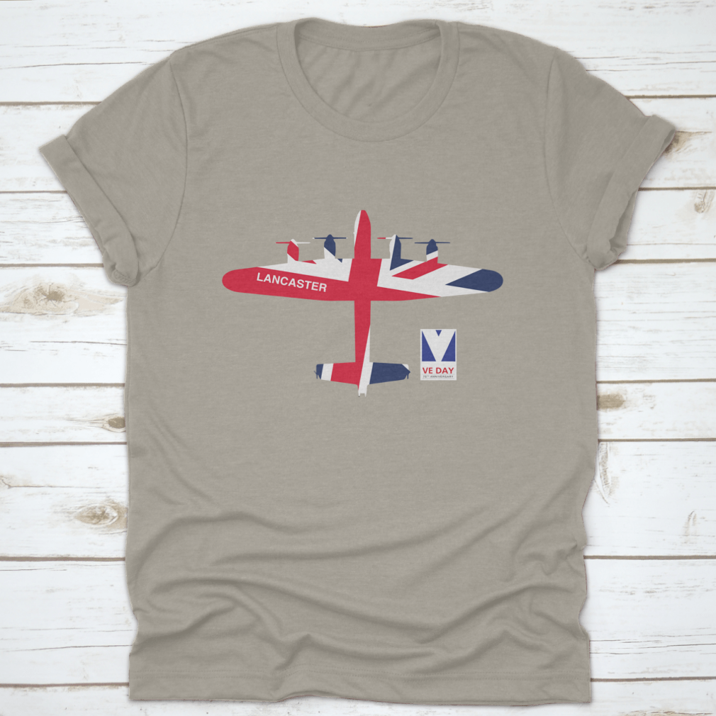 VE Day 75th Anniversary logo featuring Spitfire, Lancaster, Mosquito, and Hurricane aircraft on a cotton t-shirt.