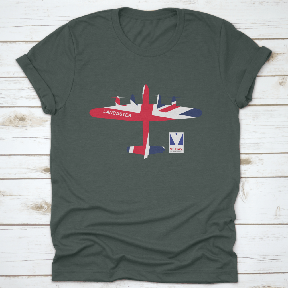 VE Day 75th Anniversary logo featuring Spitfire, Lancaster, Mosquito, and Hurricane aircraft on a cotton t-shirt.