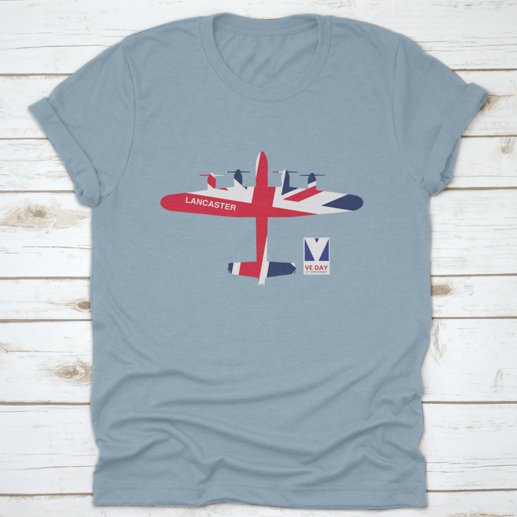 VE Day 75th Anniversary logo featuring Spitfire, Lancaster, Mosquito, and Hurricane aircraft on a cotton t-shirt.