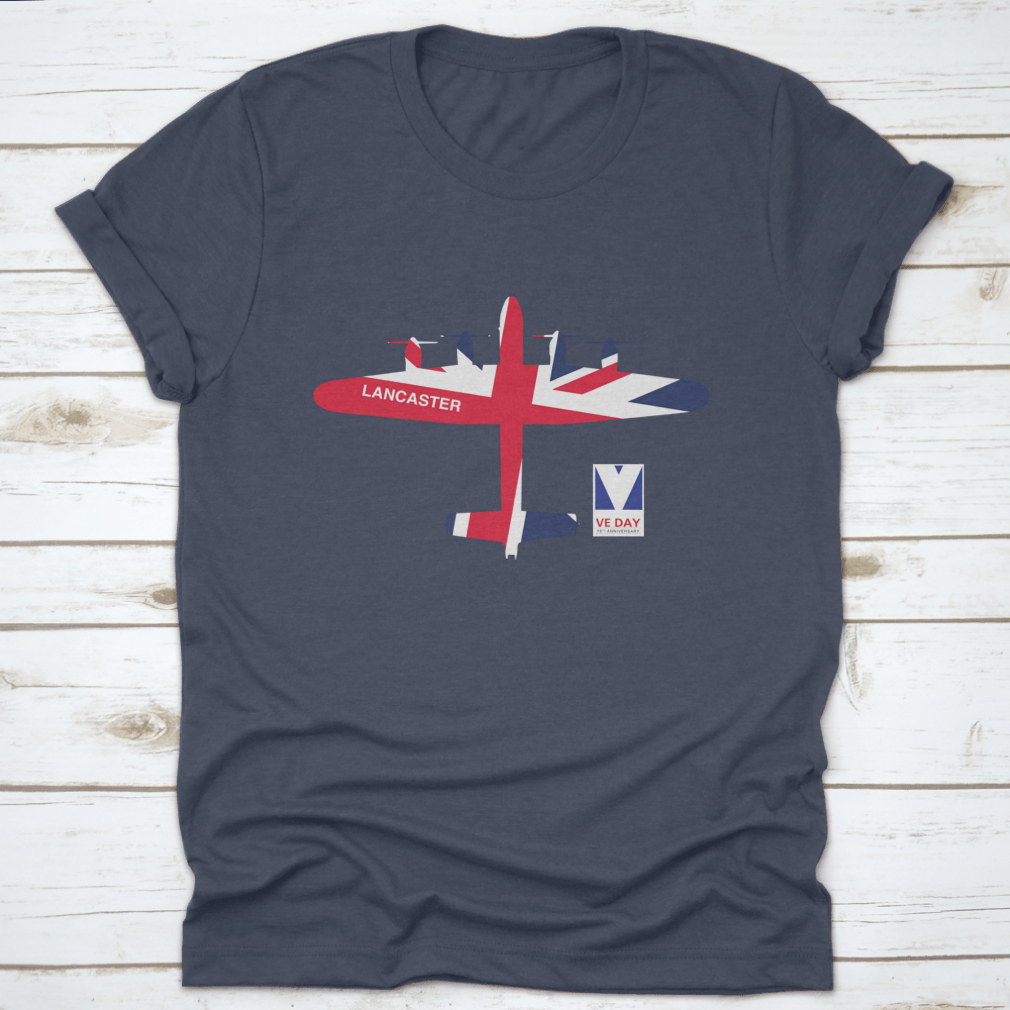 VE Day 75th Anniversary logo featuring Spitfire, Lancaster, Mosquito, and Hurricane aircraft on a cotton t-shirt.