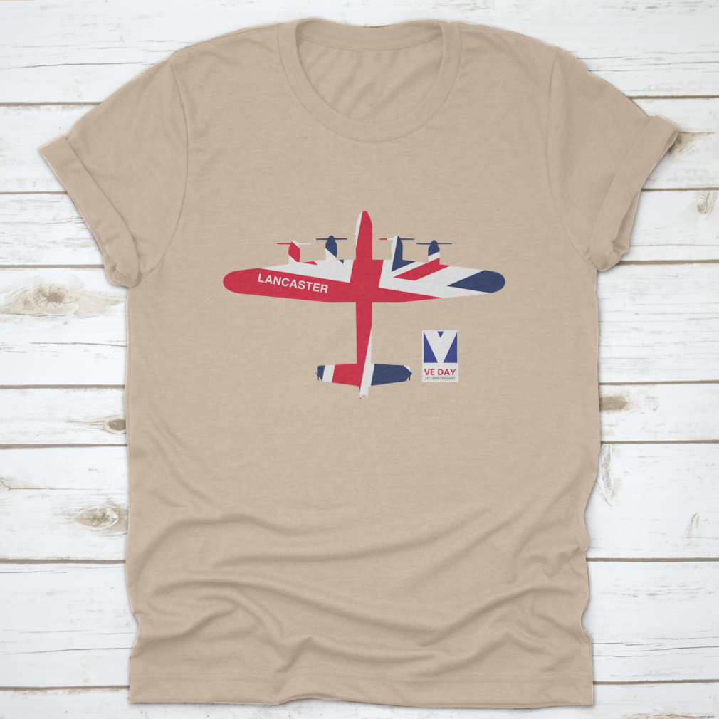 VE Day 75th Anniversary logo featuring Spitfire, Lancaster, Mosquito, and Hurricane aircraft on a cotton t-shirt.