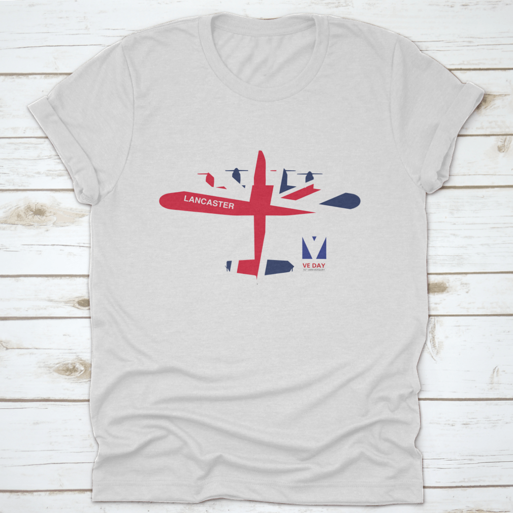 VE Day 75th Anniversary logo featuring Spitfire, Lancaster, Mosquito, and Hurricane aircraft on a cotton t-shirt.