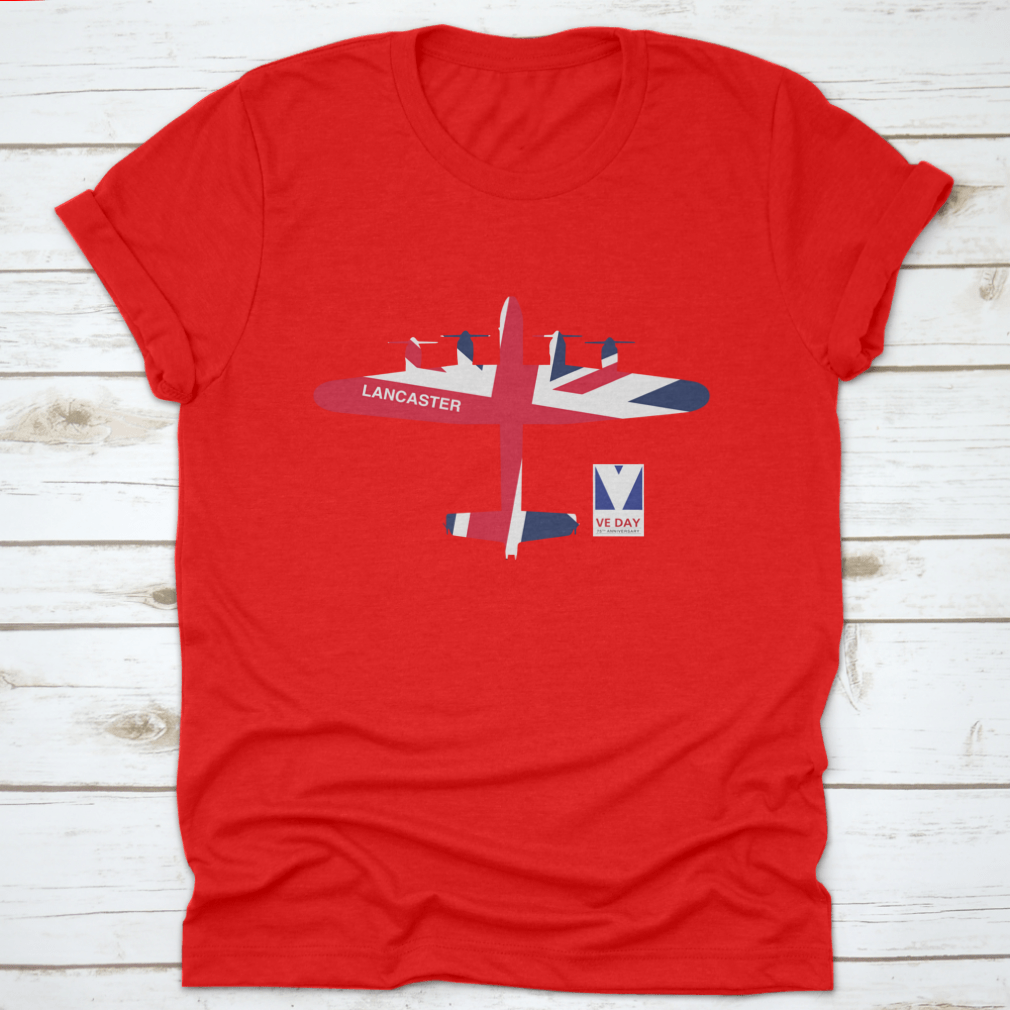 VE Day 75th Anniversary logo featuring Spitfire, Lancaster, Mosquito, and Hurricane aircraft on a cotton t-shirt.