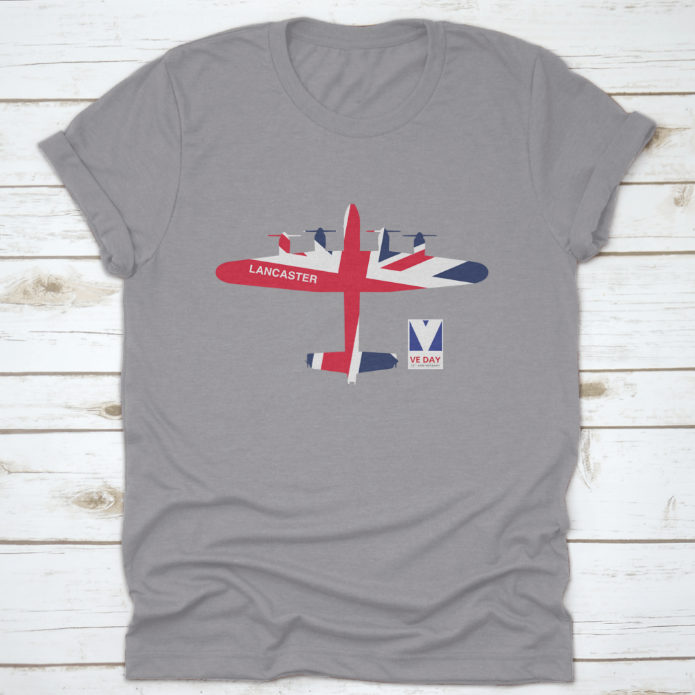 VE Day 75th Anniversary logo featuring Spitfire, Lancaster, Mosquito, and Hurricane aircraft on a cotton t-shirt.