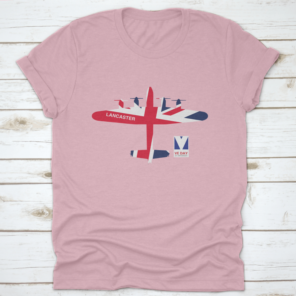 VE Day 75th Anniversary logo featuring Spitfire, Lancaster, Mosquito, and Hurricane aircraft on a cotton t-shirt.
