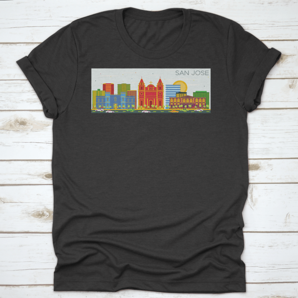 Vector art depicting the San Jose skyline with colorful buildings and a clear blue sky, showcasing urban beauty.
