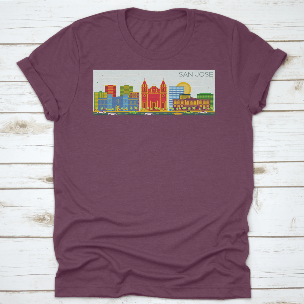 Vector art depicting the San Jose skyline with colorful buildings and a clear blue sky, showcasing urban beauty.