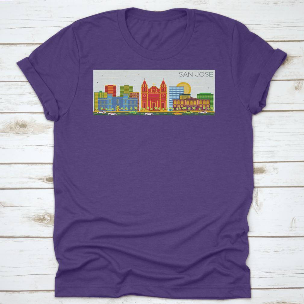 Vector art depicting the San Jose skyline with colorful buildings and a clear blue sky, showcasing urban beauty.