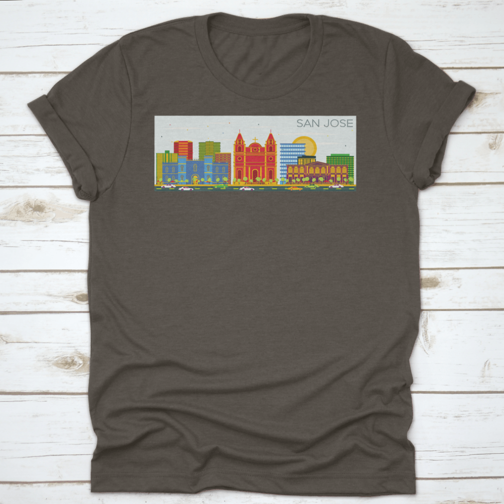 Vector art depicting the San Jose skyline with colorful buildings and a clear blue sky, showcasing urban beauty.