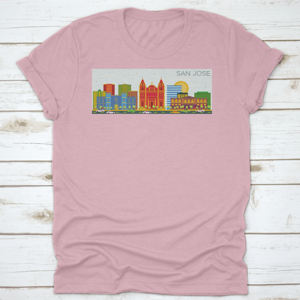 Vector art depicting the San Jose skyline with colorful buildings and a clear blue sky, showcasing urban beauty.