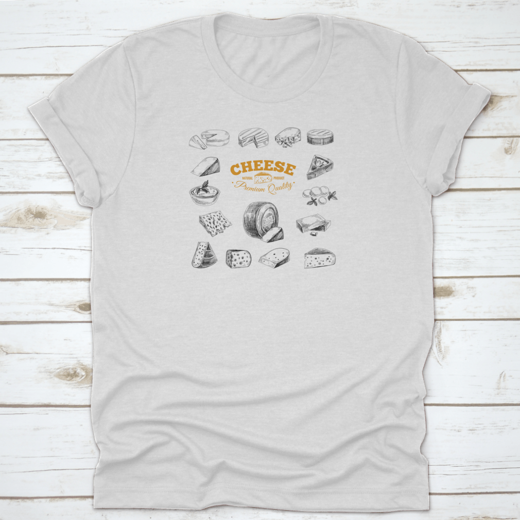 Vector hand-drawn illustration showcasing various types of cheeses in a detailed sketch design.