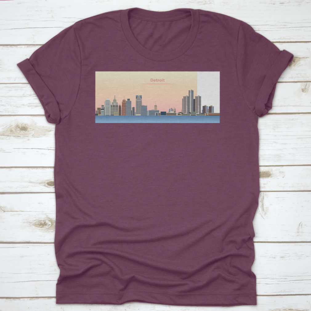 Vector illustration of Detroit city skyline at sunrise on a stylish shirt design, showcasing vibrant colors and artistic details.