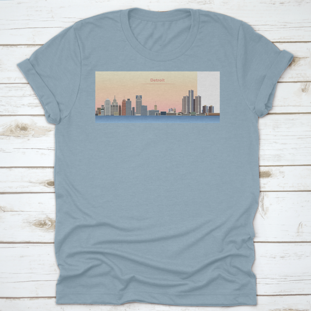 Vector illustration of Detroit city skyline at sunrise on a stylish shirt design, showcasing vibrant colors and artistic details.