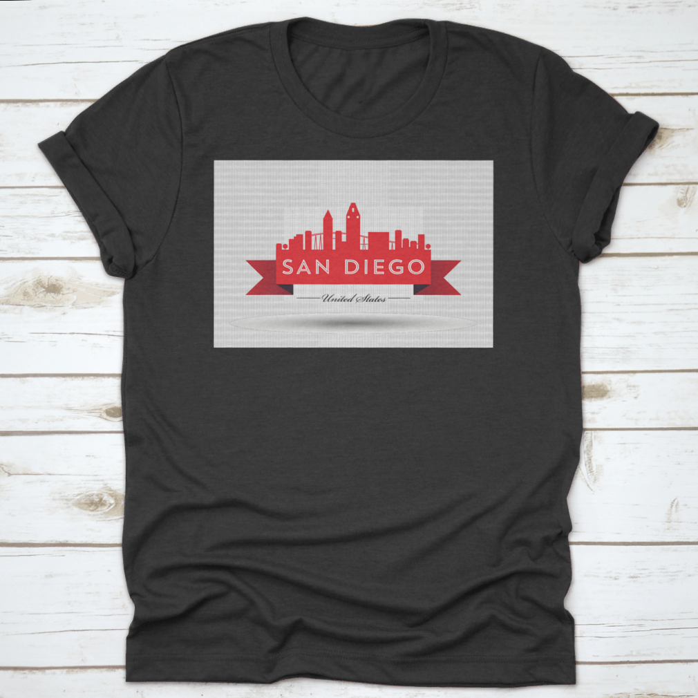 Vector San Diego Red Skyline Design t-shirt showcasing a vibrant skyline of San Diego, crafted from 100% cotton for comfort.