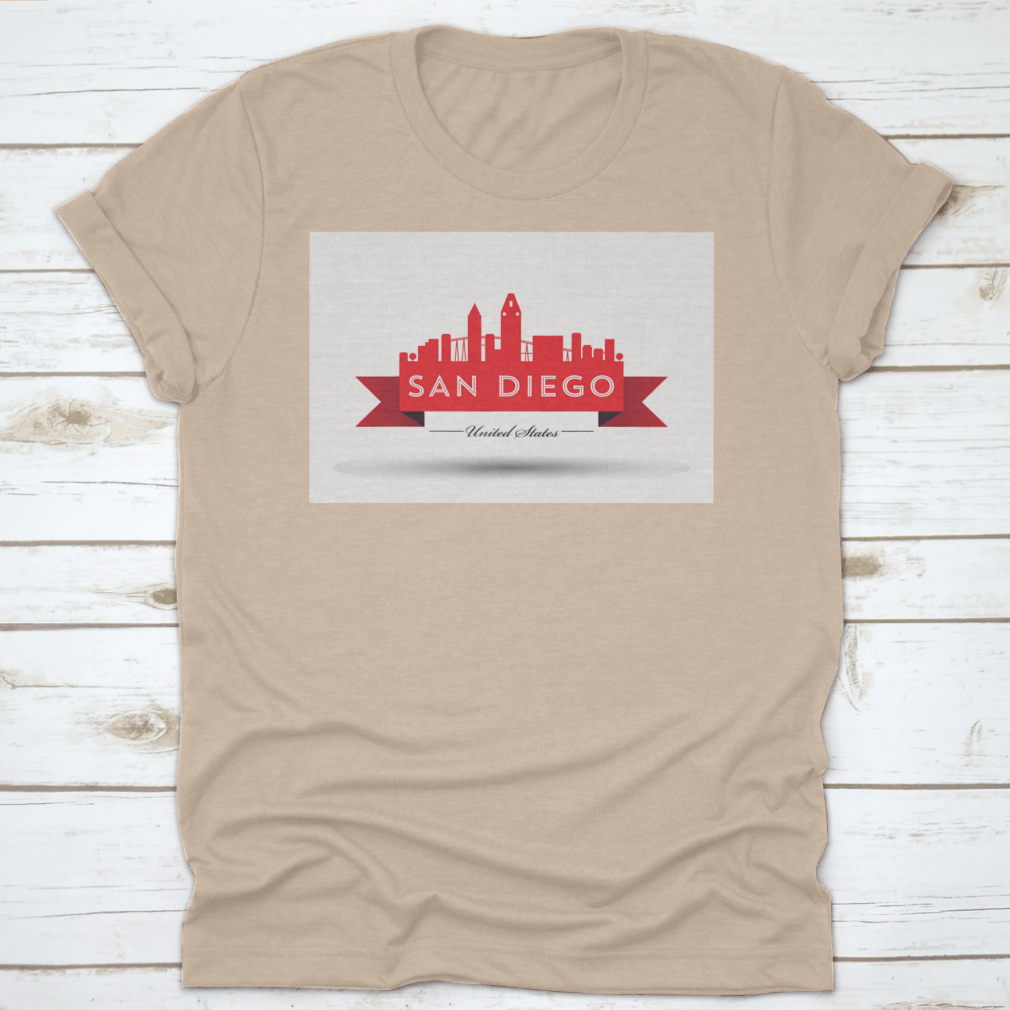 Vector San Diego Red Skyline Design t-shirt showcasing a vibrant skyline of San Diego, crafted from 100% cotton for comfort.