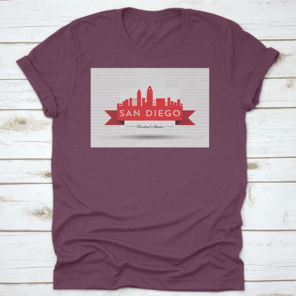 Vector San Diego Red Skyline Design t-shirt showcasing a vibrant skyline of San Diego, crafted from 100% cotton for comfort.
