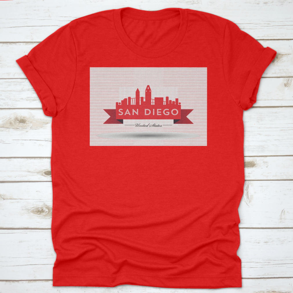 Vector San Diego Red Skyline Design t-shirt showcasing a vibrant skyline of San Diego, crafted from 100% cotton for comfort.