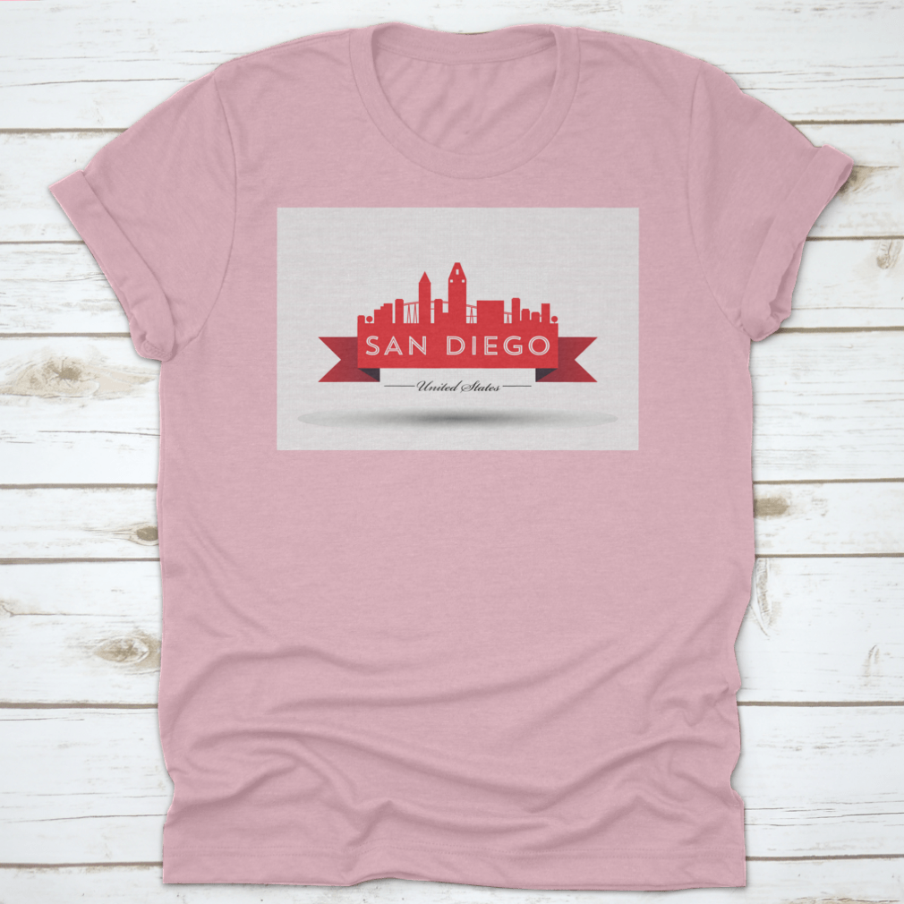 Vector San Diego Red Skyline Design t-shirt showcasing a vibrant skyline of San Diego, crafted from 100% cotton for comfort.