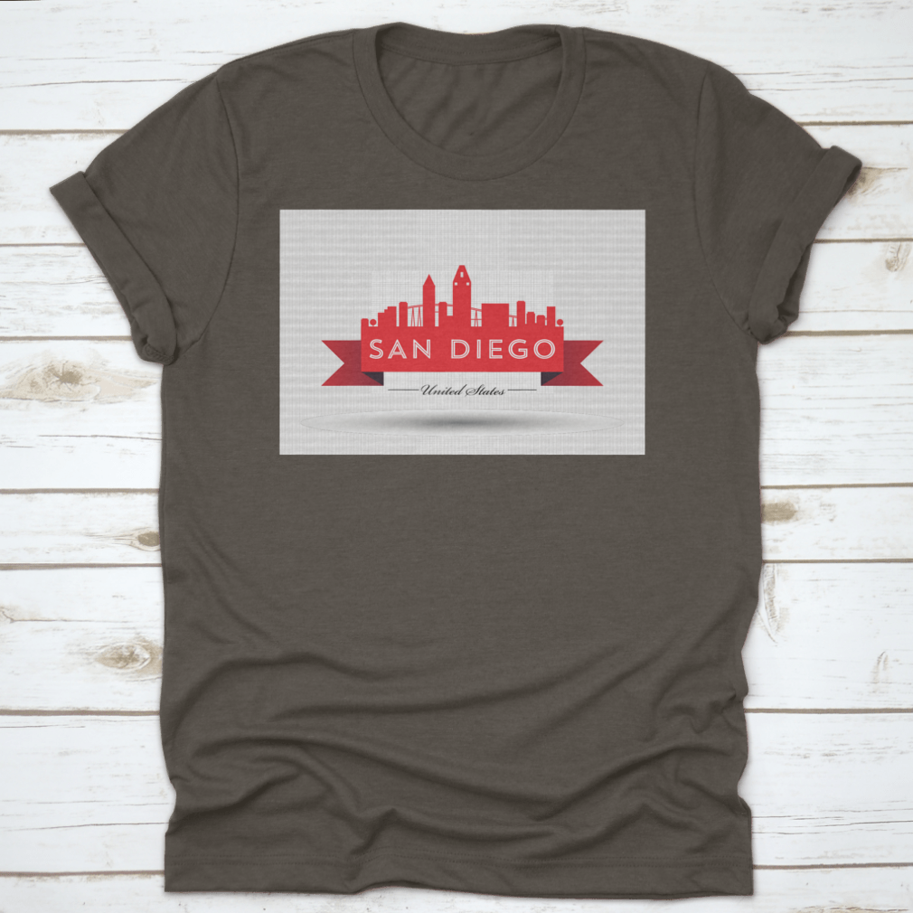 Vector San Diego Red Skyline Design t-shirt showcasing a vibrant skyline of San Diego, crafted from 100% cotton for comfort.