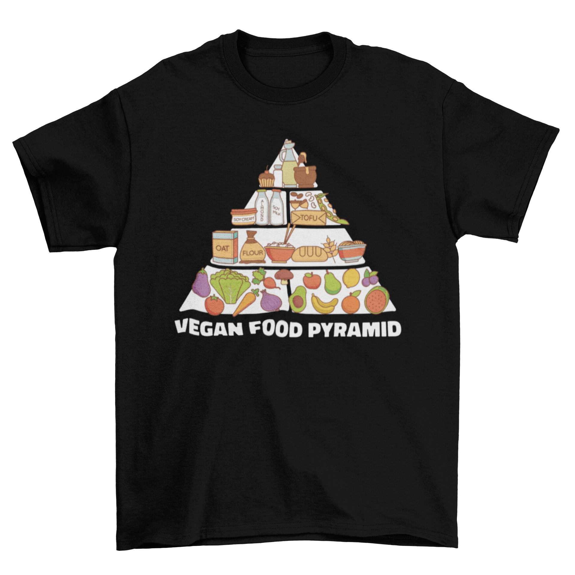 A stylish t-shirt featuring a colorful vegan food pyramid illustration, promoting a plant-based lifestyle.