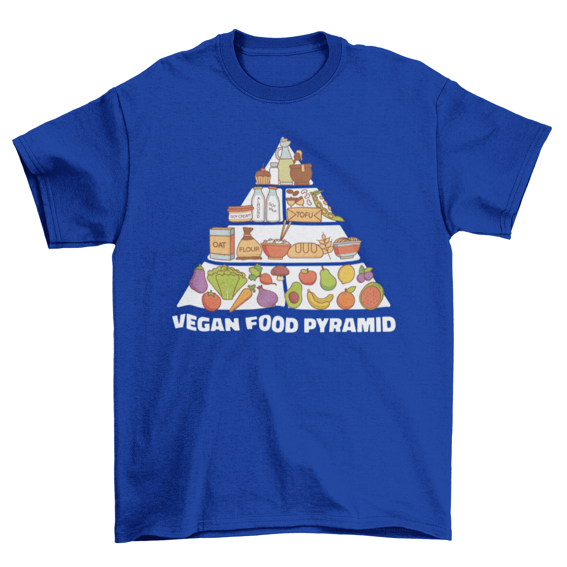 A stylish t-shirt featuring a colorful vegan food pyramid illustration, promoting a plant-based lifestyle.