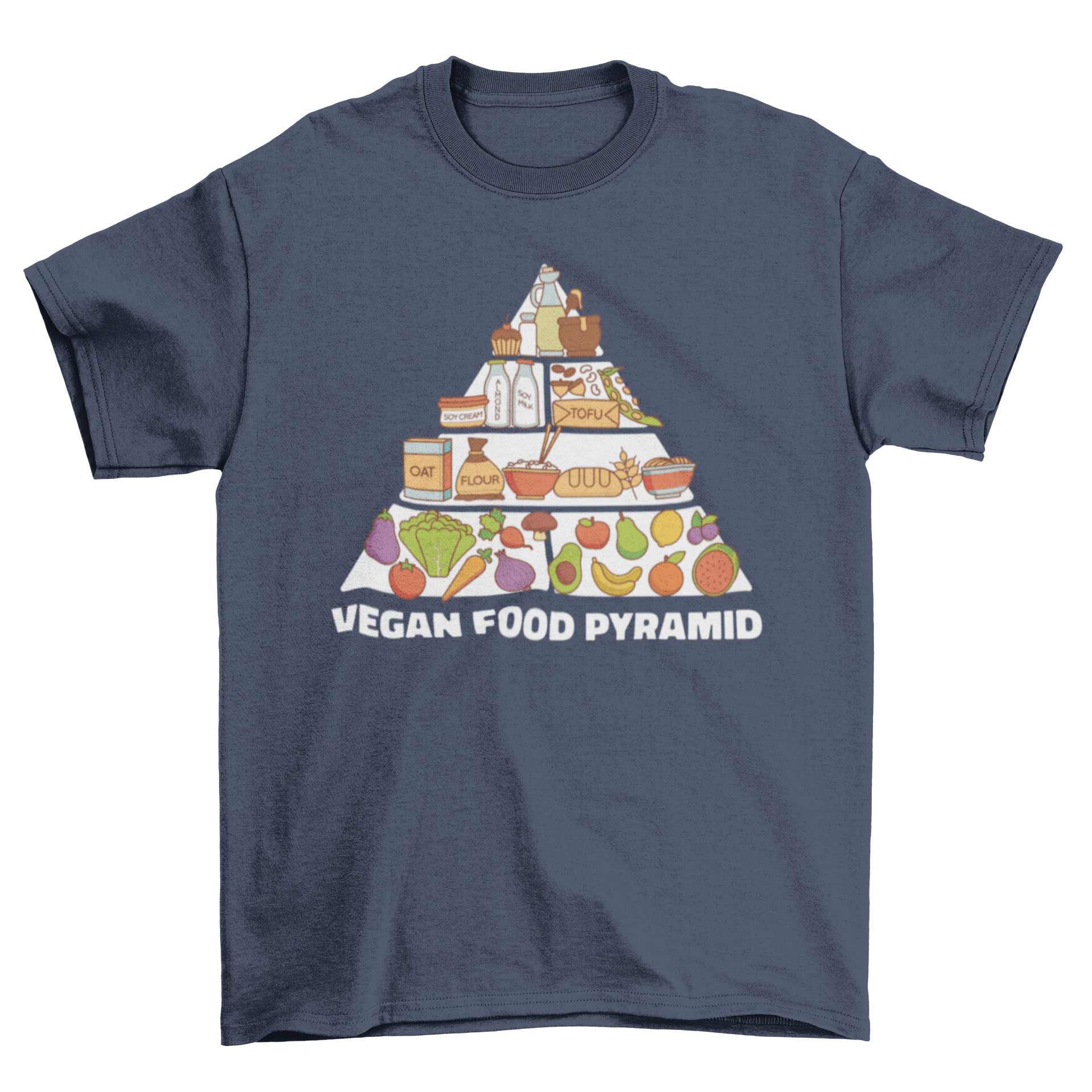 A stylish t-shirt featuring a colorful vegan food pyramid illustration, promoting a plant-based lifestyle.