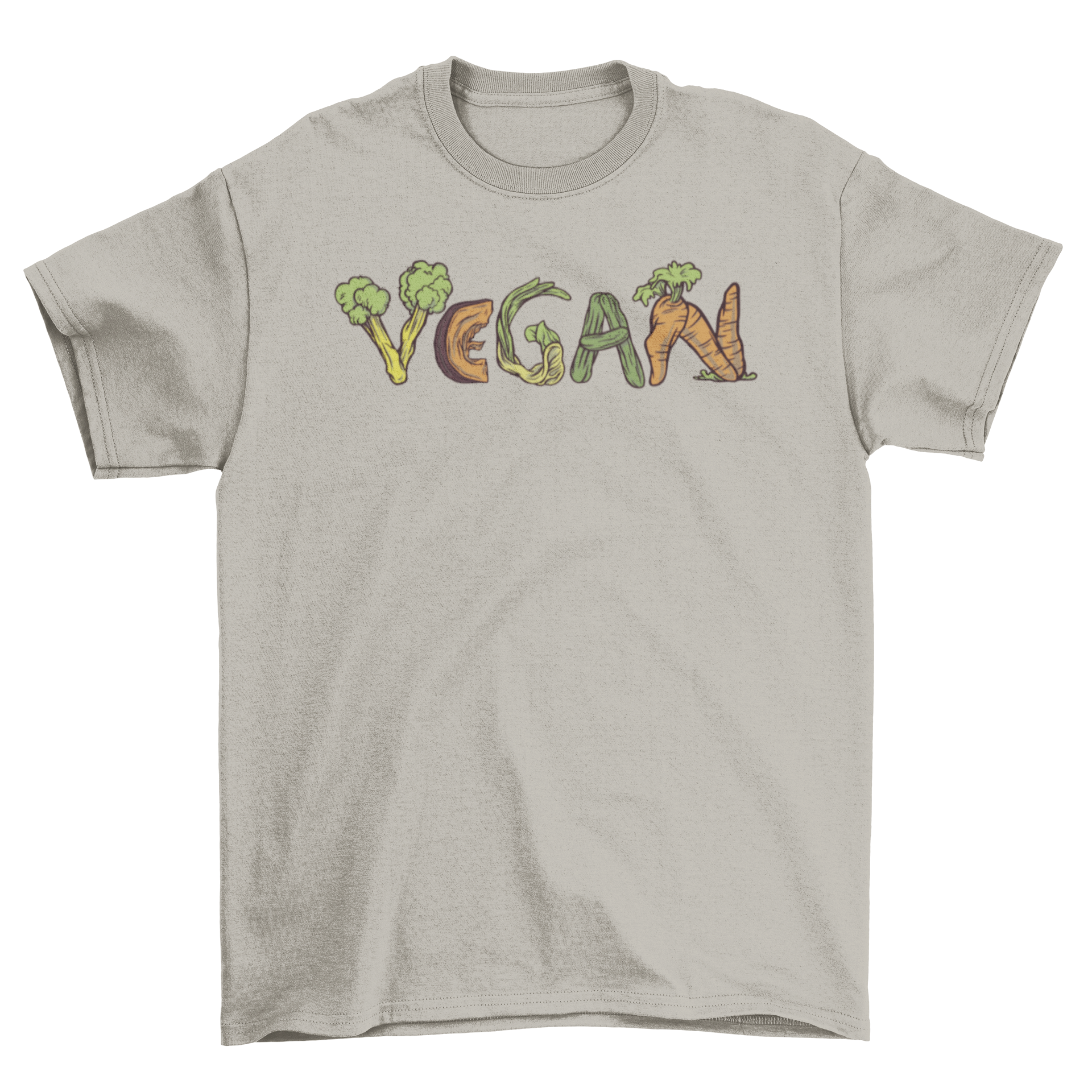 A stylish Vegan T-shirt featuring the word 'VEGAN' creatively designed with colorful vegetables.