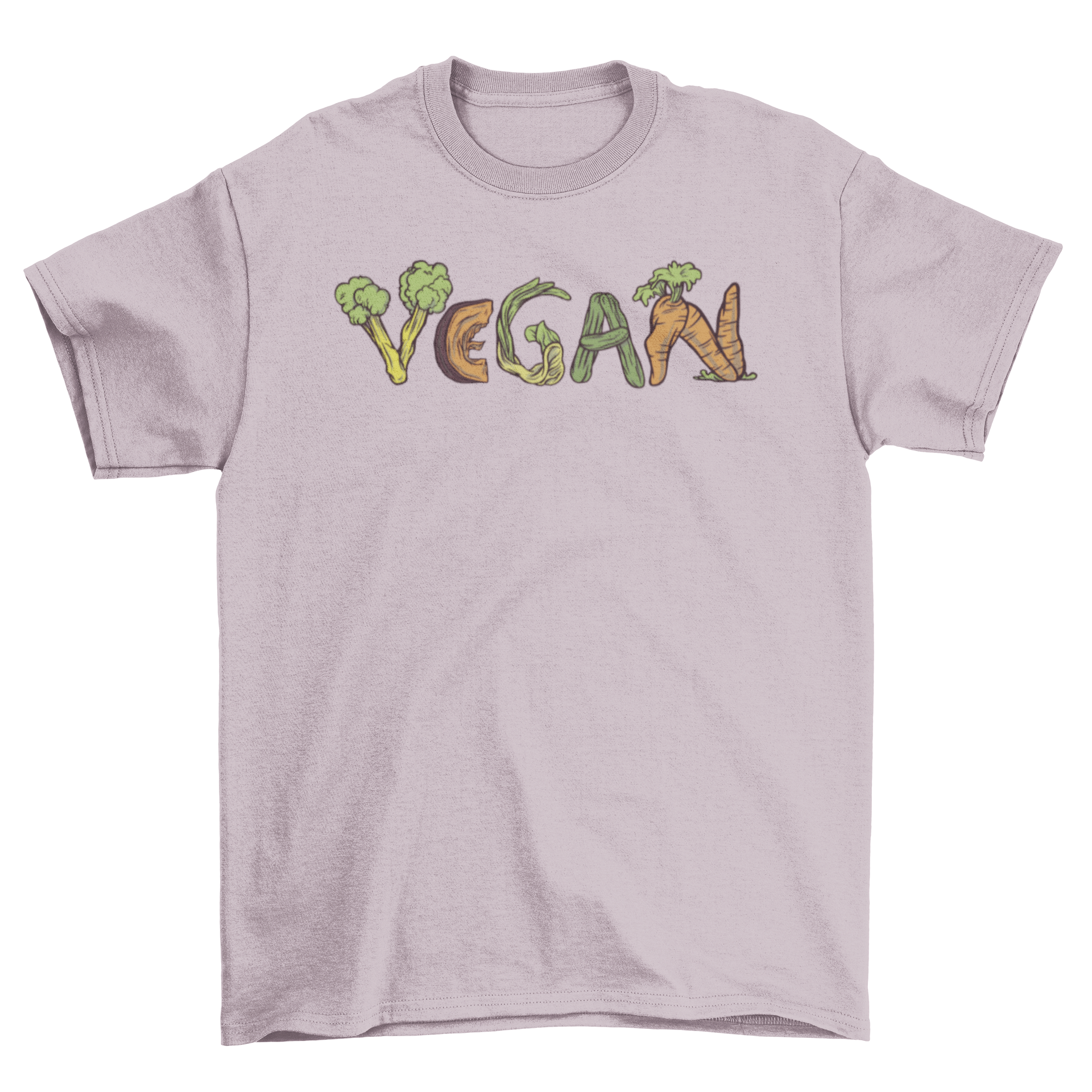 A stylish Vegan T-shirt featuring the word 'VEGAN' creatively designed with colorful vegetables.