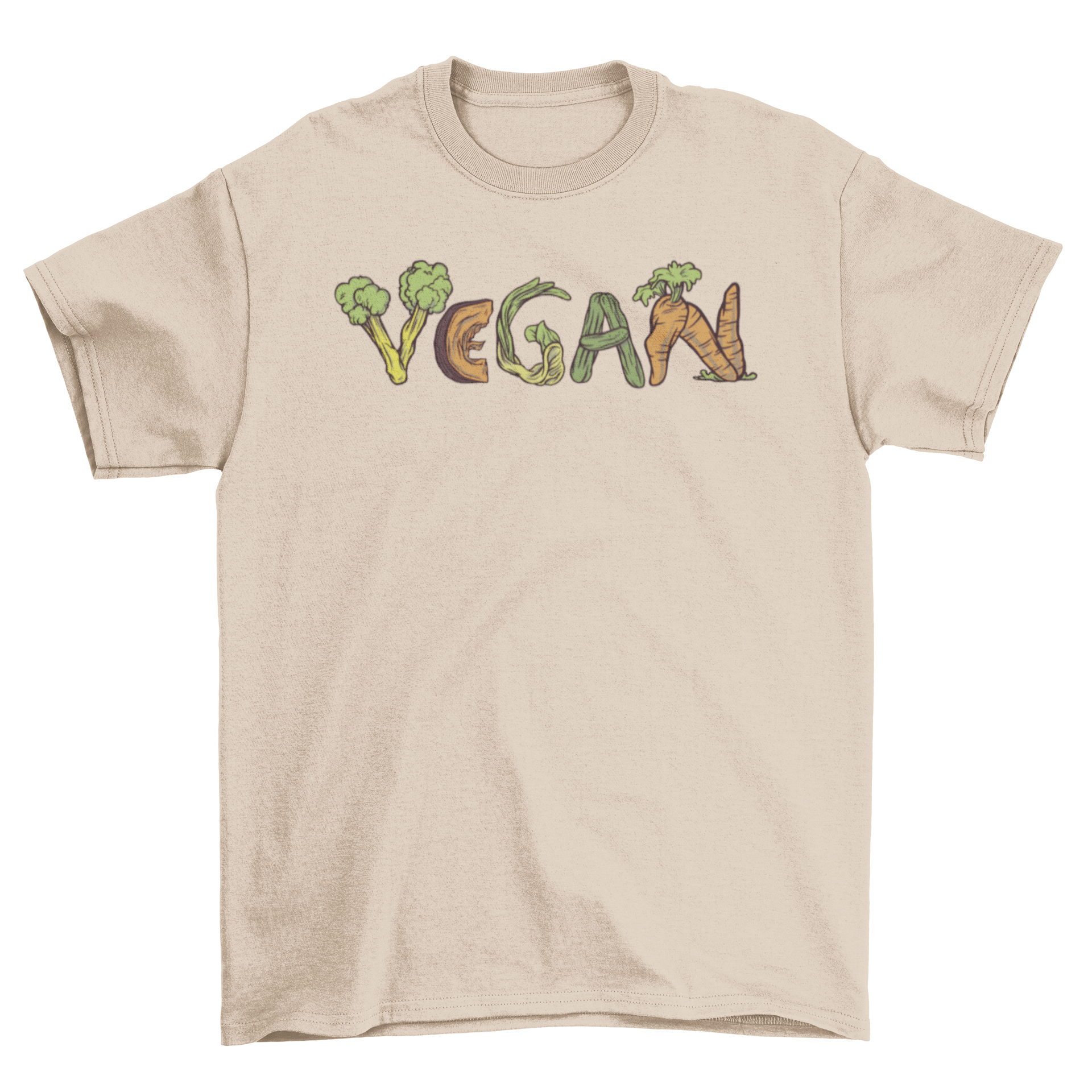 A stylish Vegan T-shirt featuring the word 'VEGAN' creatively designed with colorful vegetables.