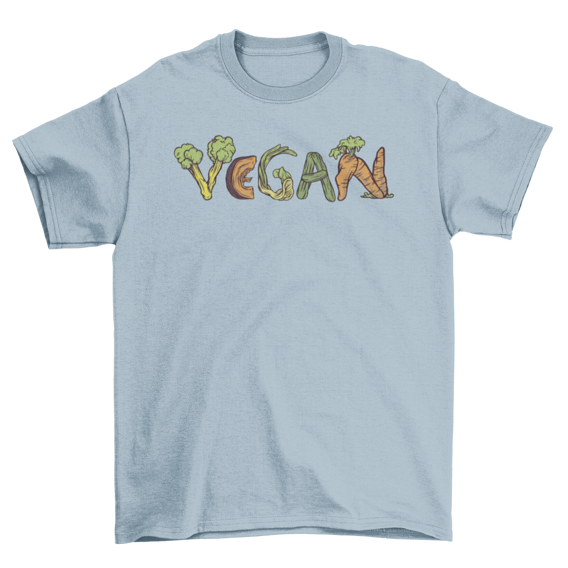 A stylish Vegan T-shirt featuring the word 'VEGAN' creatively designed with colorful vegetables.