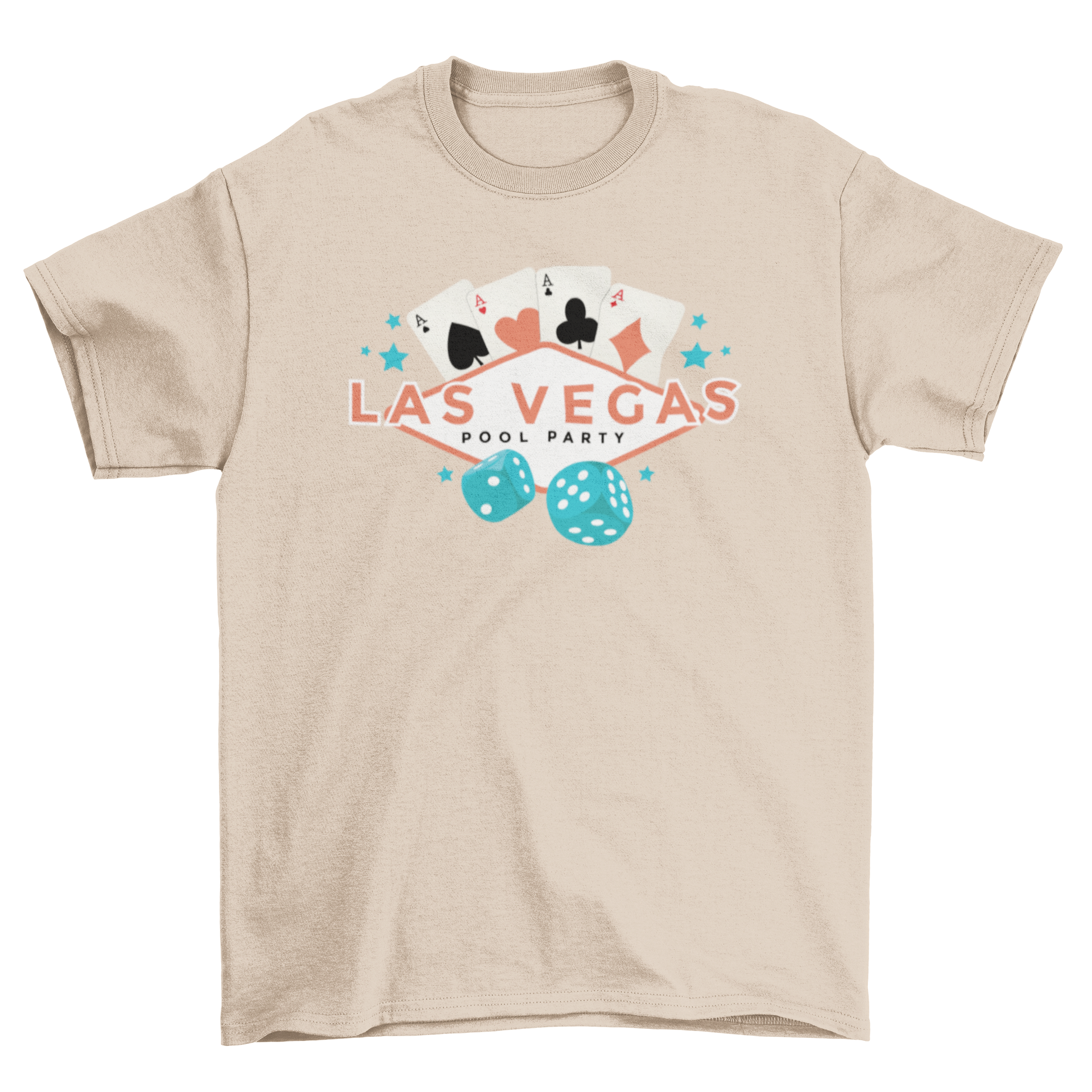 Las Vegas pool party t-shirt featuring a vibrant sign, four aces, and dice illustrations.