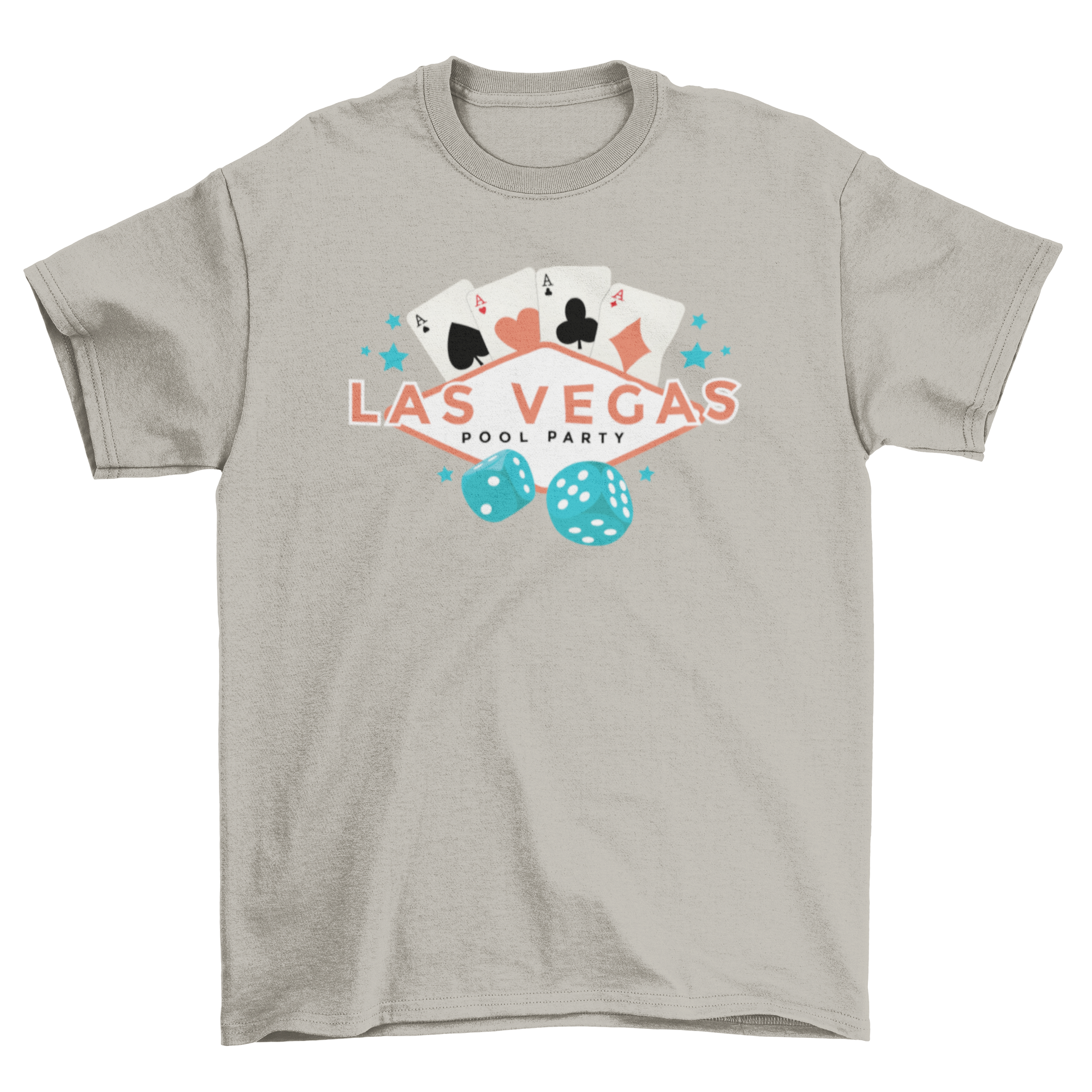 Las Vegas pool party t-shirt featuring a vibrant sign, four aces, and dice illustrations.