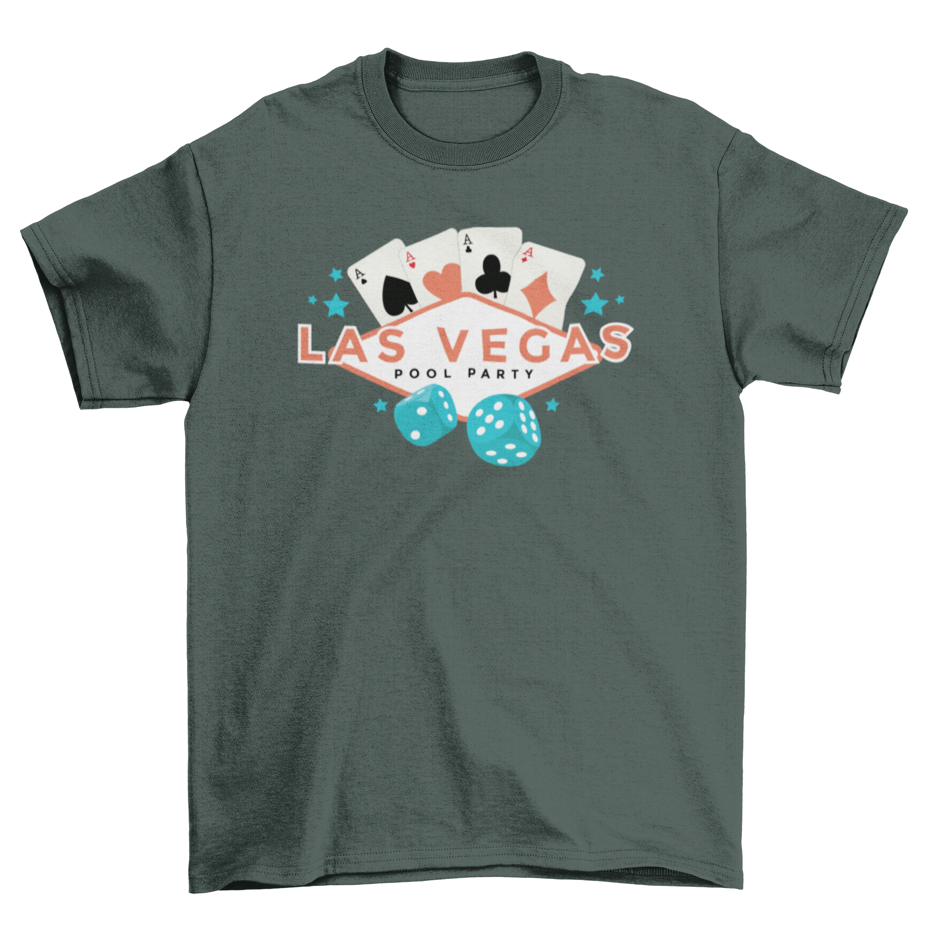 Las Vegas pool party t-shirt featuring a vibrant sign, four aces, and dice illustrations.