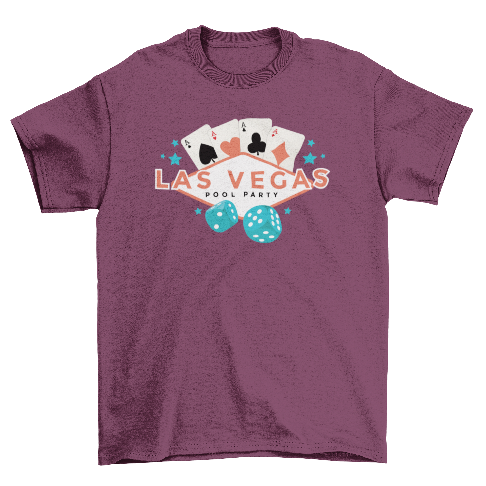Las Vegas pool party t-shirt featuring a vibrant sign, four aces, and dice illustrations.