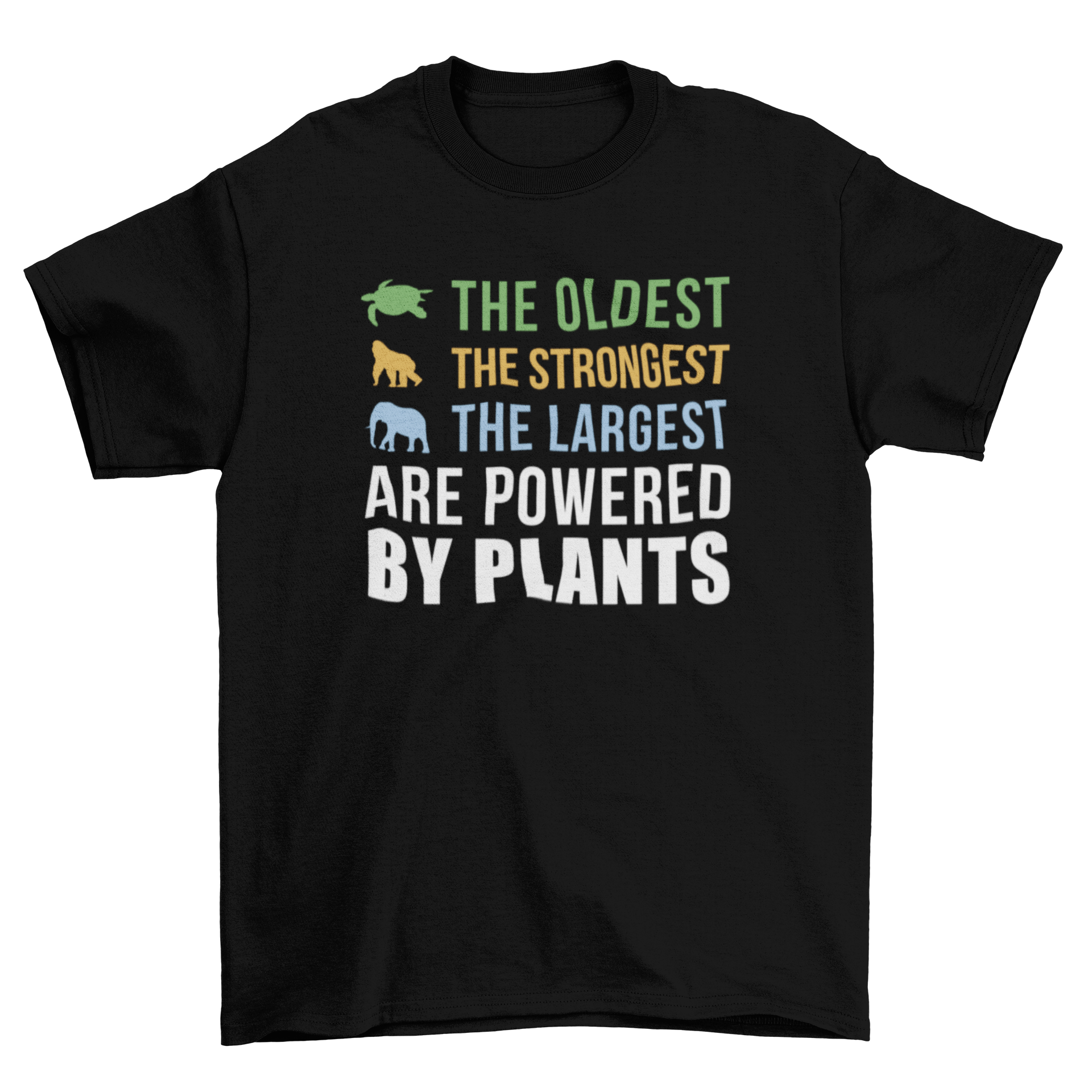 A stylish t-shirt featuring the quote 'The oldest, strongest, largest are powered by plants' promoting vegetarianism.