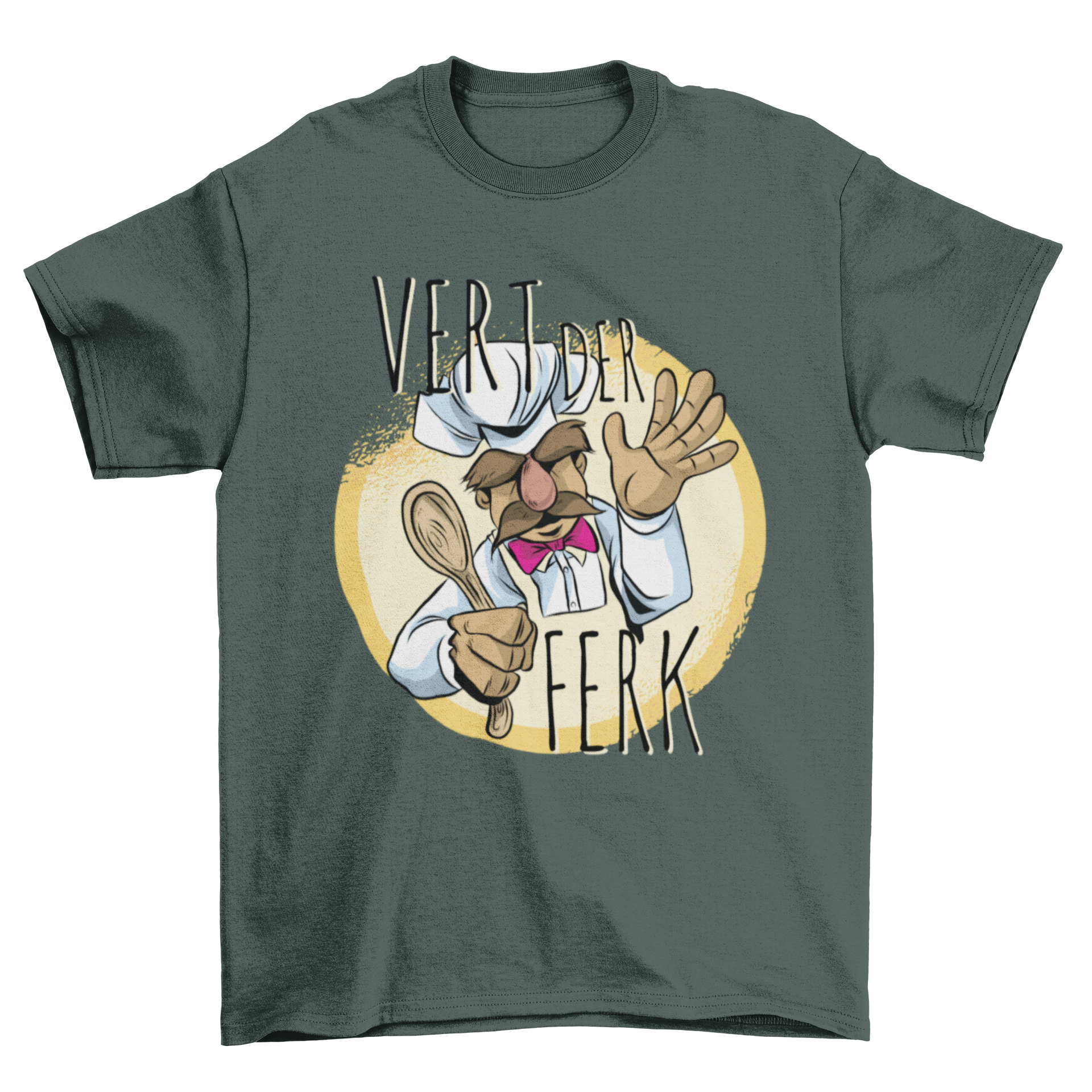 Vert Der Ferk T-Shirt featuring a funny cooking chef character with vibrant colors and humorous text.